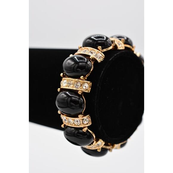 Stretchy Bracelet Black Cabochon Rhinestone Crystal Gold Tone Shiny Bin6 - Picture 4 of 12